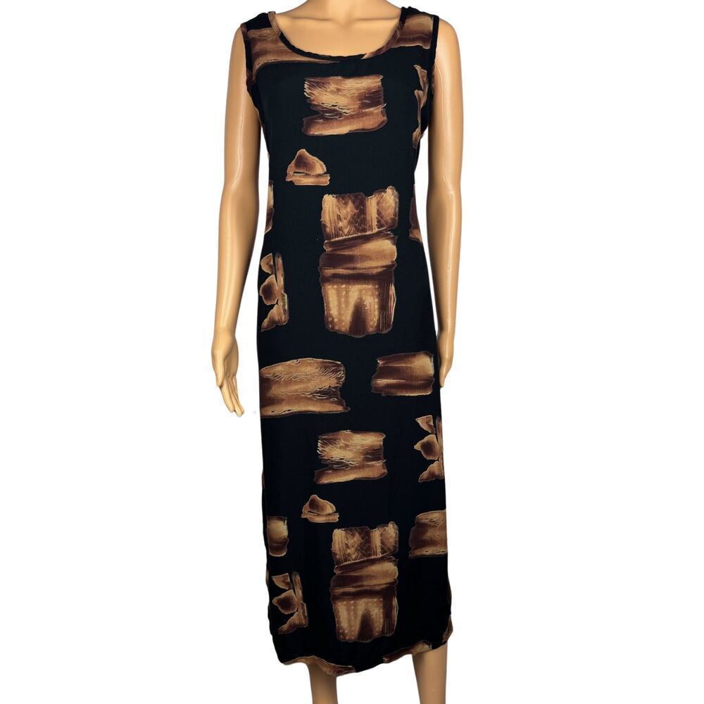Vintage 90s Sleeveless Black Maxi Dress with Bronze Brushstroke Print